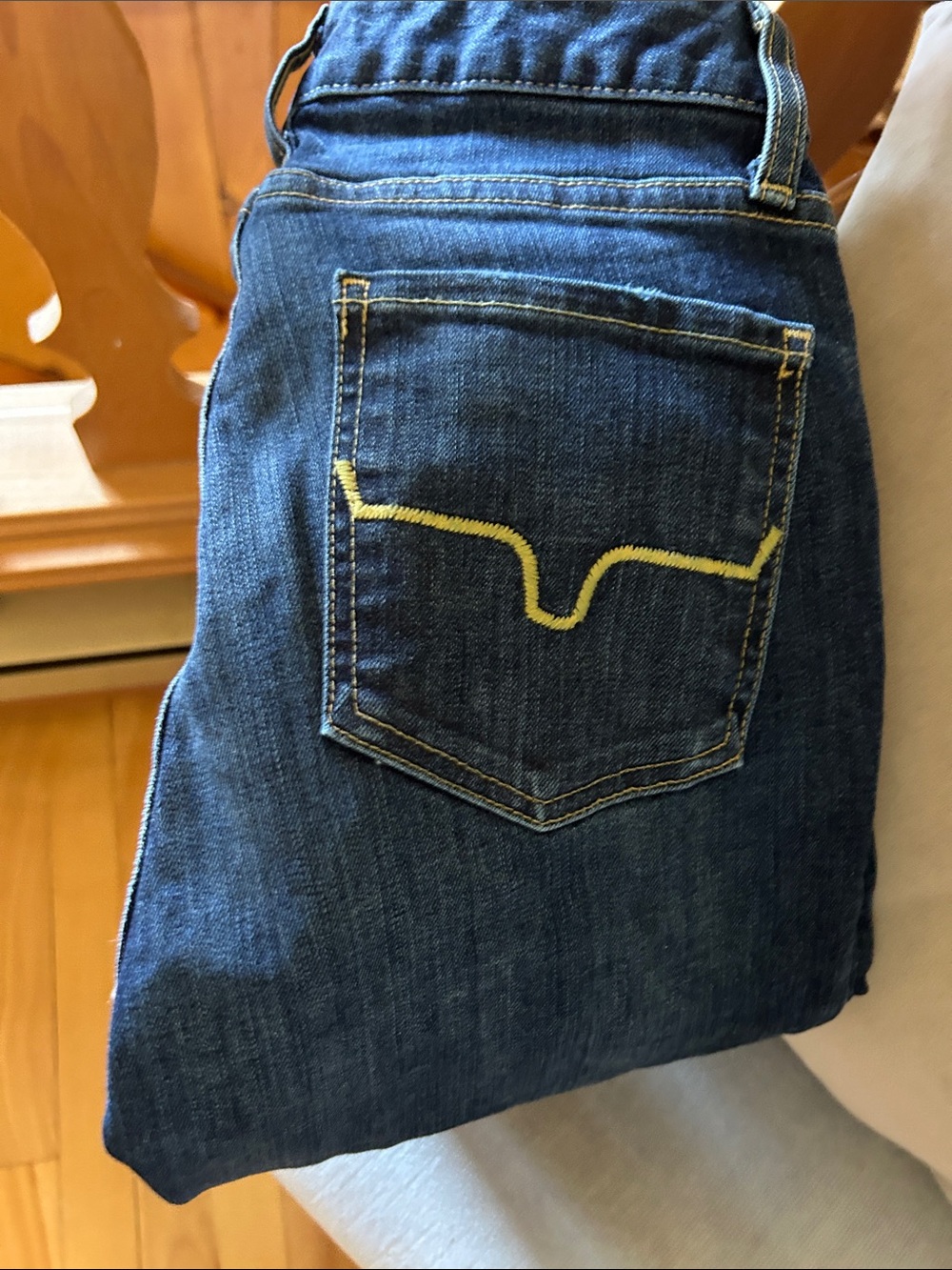 Kimes Ranch Women's Dark Blue Boot Cut Jeans with Yellow Stitching